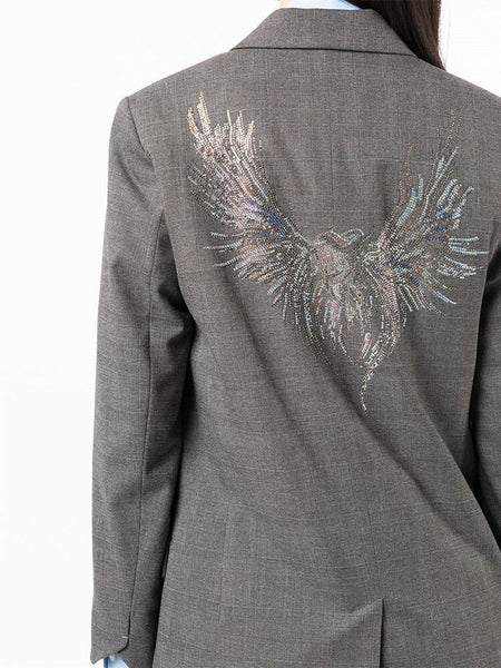 Women Plaid Blazer Back Phoenix Wings Diamond Single Breasted Cardigan Long Sleeve Straight Office Lady Suit Coat Spring