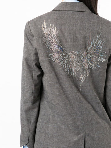 Women Plaid Blazer Back Phoenix Wings Diamond Single Breasted Cardigan Long Sleeve Straight Office Lady Suit Coat Spring