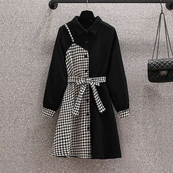 Women Plaid Dress Autumn and Winter 2022 Turn-down Collar Long Sleeve Houndstooth Patchwork Thicken Shirt Dresses with Belt
