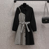 Women Plaid Dress Autumn and Winter 2022 Turn-down Collar Long Sleeve Houndstooth Patchwork Thicken Shirt Dresses with Belt