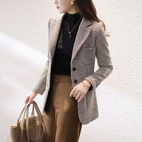 Women Plaid Mid-Length Slim-Fit Coat Temperament Suit Jacket Female Lady 2023 Houndstooth Woolen Small Blazer Jacket