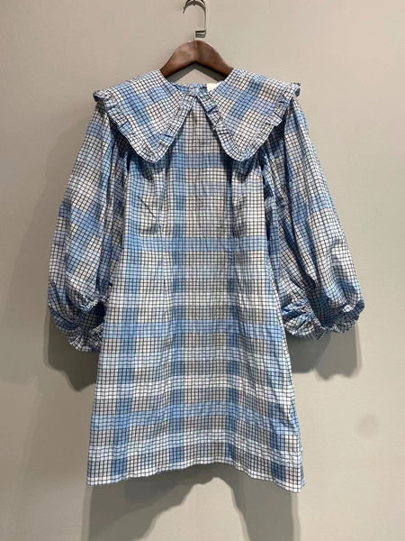 Women Plaid Mini Dress 2022 Spring Summer Ladies Puff Sleeve Ruffle Trim Peter Pan Collar Slim Cute Short Dresses