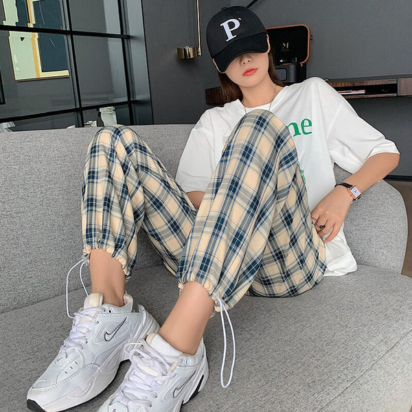 Women Plaid Pants High Waist Sweatpants Casual Loose Wide Leg Trousers Suits Retro Teens Harajuku Korean Streetwear Jogger 2022