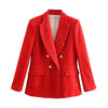Women Plaid Twill Elegant Blazer Jacket Long Sleeve Office Casual Short Coat Notched Collar Ladies Tops Red Outerwear