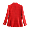 Women Plaid Twill Elegant Blazer Jacket Long Sleeve Office Casual Short Coat Notched Collar Ladies Tops Red Outerwear