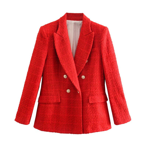 Women Plaid Twill Elegant Blazer Jacket Long Sleeve Office Casual Short Coat Notched Collar Ladies Tops Red Outerwear