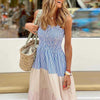 Women Pleated Sleeveless Maxi Beach Dress Summer Elegant Off Shoulder Bow Sling Party Dress Lady  Striped Patchwork Dress