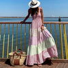 Women Pleated Sleeveless Maxi Beach Dress Summer Elegant Off Shoulder Bow Sling Party Dress Lady  Striped Patchwork Dress