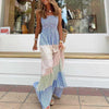 Women Pleated Sleeveless Maxi Beach Dress Summer Elegant Off Shoulder Bow Sling Party Dress Lady  Striped Patchwork Dress
