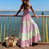 Women Pleated Sleeveless Maxi Beach Dress Summer Elegant Off Shoulder Bow Sling Party Dress Lady  Striped Patchwork Dress