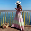 Women Pleated Sleeveless Maxi Beach Dress Summer Elegant Off Shoulder Bow Sling Party Dress Lady  Striped Patchwork Dress