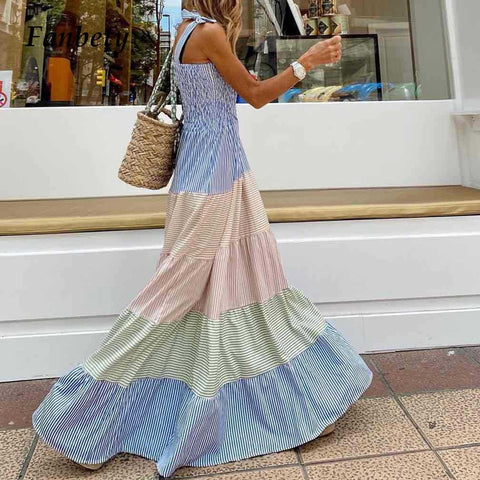 Women Pleated Sleeveless Maxi Beach Dress Summer Elegant Off Shoulder Bow Sling Party Dress Lady  Striped Patchwork Dress