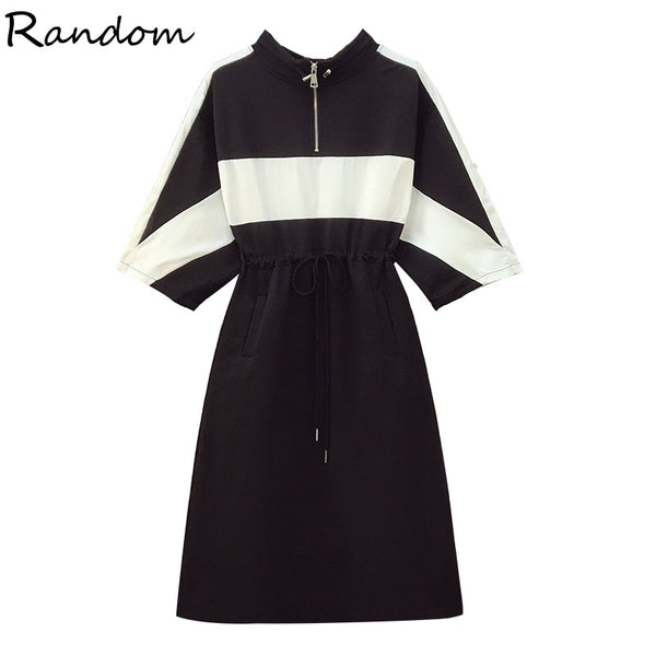 Women Plus Size Casual Sport Dress 2022 Autumn Stand up Collar Bandage High Waist Dresses Black White Patchwork Cloth