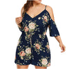 Women Plus Size Casual V-Neck Leakage Shoulder Printing Loose Rompers Shorts 2022 Floral Print Tunic Maxi Long Dresses Big Size