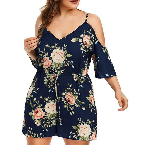 Women Plus Size Casual V-Neck Leakage Shoulder Printing Loose Rompers Shorts 2022 Floral Print Tunic Maxi Long Dresses Big Size