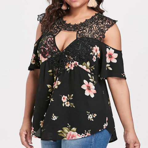 Women Plus Size Lace Hollow Pullover Short Sleeve Strapless Shirt Tops Blouse loose out shoulder flower camisa feminina top #EW