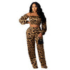 Women Plus Size Leopard 2 Piece Outfits Off Shoulder Long Sleeve Crop Tops and Straight Long Pant Vintage Lounge Wear Sweatsuit