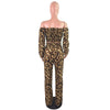 Women Plus Size Leopard 2 Piece Outfits Off Shoulder Long Sleeve Crop Tops and Straight Long Pant Vintage Lounge Wear Sweatsuit