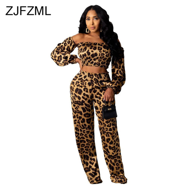 Women Plus Size Leopard 2 Piece Outfits Off Shoulder Long Sleeve Crop Tops and Straight Long Pant Vintage Lounge Wear Sweatsuit