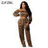Women Plus Size Leopard 2 Piece Outfits Off Shoulder Long Sleeve Crop Tops and Straight Long Pant Vintage Lounge Wear Sweatsuit