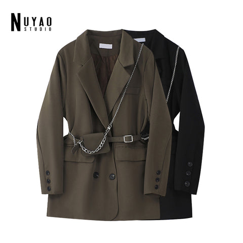 Women Pocket Big Size Blazer Lapel Long Sleeve Loose Vintage Fit Jacket With Waist Bag Tide Autumn Winter 2023 Female Coats
