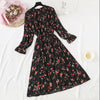 Women Print Pleated Chiffon Dress 2022 Spring Summer    Female Casual Flare Sleeve Lotus leaf neck Basic Dresses