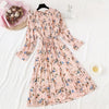 Women Print Pleated Chiffon Dress 2022 Spring Summer    Female Casual Flare Sleeve Lotus leaf neck Basic Dresses