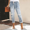 Women Pull-On Distressed Denim Joggers Elastic Waist Stretch Pants  Broken Holes Denim Jeans Drawstring Ripped Pencil Pants