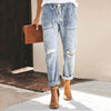 Women Pull-On Distressed Denim Joggers Elastic Waist Stretch Pants  Broken Holes Denim Jeans Drawstring Ripped Pencil Pants
