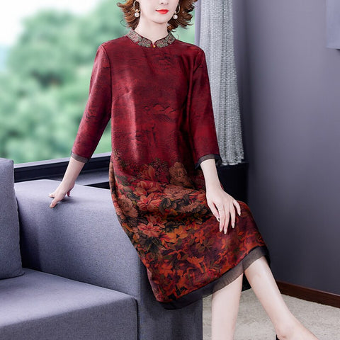 Women Red Floral Mulberry Silk Casual Midi Dress Korean Vintage M-5XL Plus Size Dress Spring Autumn Elegant Bodycon Vestidos