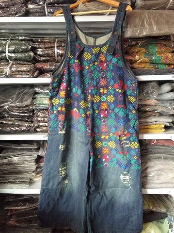 Women Retro Printed Holes Ripped Jumpsuit Ladies Denim Bleached Wide Leg Overalls Female Vintage Denim Rompers Print