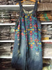 Women Retro Printed Holes Ripped Jumpsuit Ladies Denim Bleached Wide Leg Overalls Female Vintage Denim Rompers Print