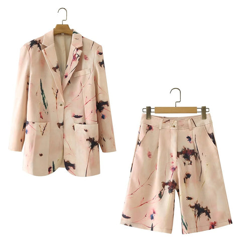 Women Retro Printing Double Breasted Blazers Coat Vintage Long Sleeves Outerwear And High Waist Casual Shorts 2-piece Set
