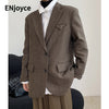 Women Retro Twill Black Woolen Blazers 2023 Winter Thick Striaight Coats Pocket Decoration Modern Wide Shoulder Suit Jackets