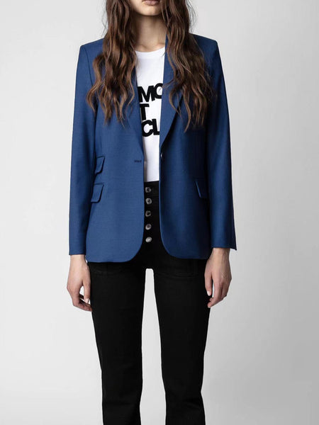 Women Rhinestones Buttons Suit Coat Blue Long Sleeve Notched Single Button Female Blazer Autumn Winter 2023