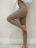 Women Ribbed Knit Leggings Beige High Waist Cotton Fitness Basic Pants Female Casual All-Match Stretch Skinny Leggings
