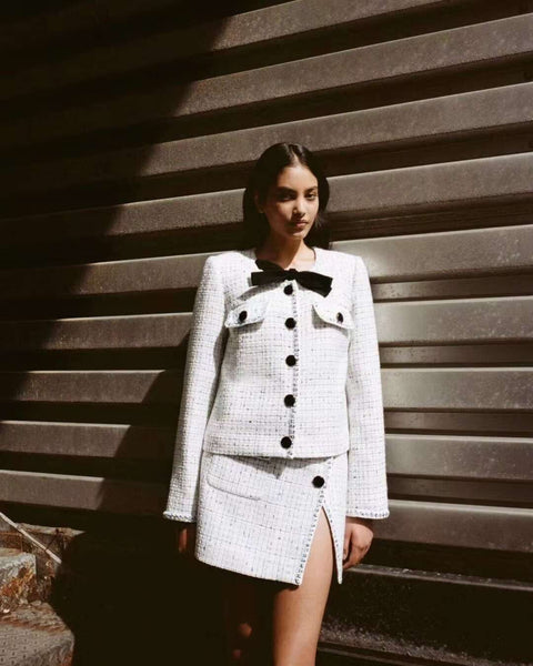 Women Ribbon Bow Neck Sweet Plaid Woolen Blazer Coat +High Waist Woolen A-line Mini Skirts Set