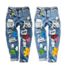 Women Ripped Hole Floral Jeans High Waist Flower Print Trousers with Pockets Casual Bottoms 100% Cotton Straight Denim Jeans