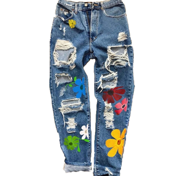 Women Ripped Hole Floral Jeans High Waist Flower Print Trousers with Pockets Casual Bottoms 100% Cotton Straight Denim Jeans