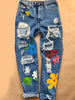 Women Ripped Jeans 2022 Sweet High Waist Flower Print Trousers with Pockets Casual Style Bottoms Teen Girls Denim Pant