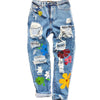 Women Ripped Jeans 2022 Sweet High Waist Flower Print Trousers with Pockets Casual Style Bottoms Teen Girls Denim Pant