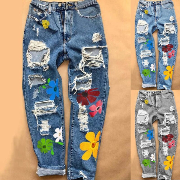 Women Ripped Jeans 2022 Sweet High Waist Flower Print Trousers with Pockets Casual Style Bottoms Teen Girls Denim Pant