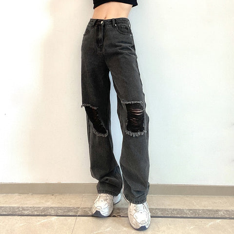 Women Ripped jeans Vintage Adjustable High Waist BF Oversize Wide Leg Trousers Summer Baggy All-match Streetwear Retro Chic Jean