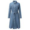 Women'S 2022 Denim Maxi Dress Turn-down Collar Belt Pure Color Button Summer Slim Pleated Long Sleeve Dresses Female