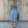 Women'S 2022 Denim Maxi Dress Turn-down Collar Belt Pure Color Button Summer Slim Pleated Long Sleeve Dresses Female