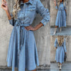 Women'S 2022 Denim Maxi Dress Turn-down Collar Belt Pure Color Button Summer Slim Pleated Long Sleeve Dresses Female