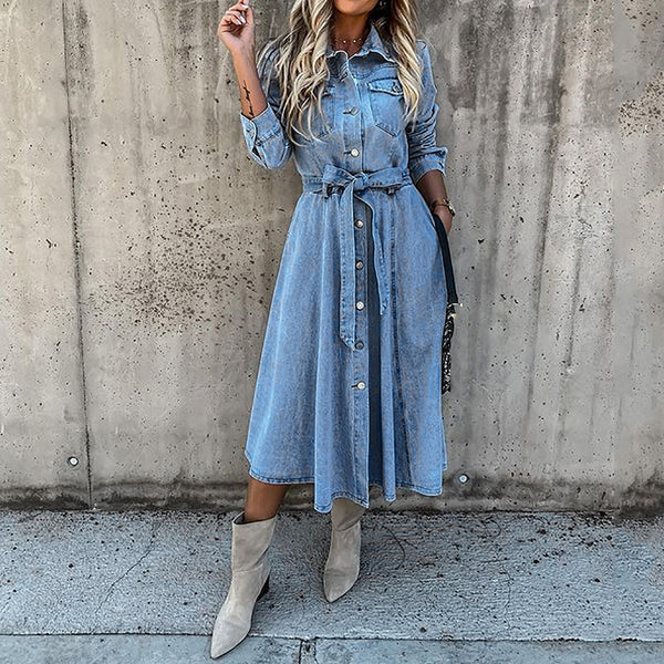 Women'S 2022 Denim Maxi Dress Turn-down Collar Belt Pure Color Button Summer Slim Pleated Long Sleeve Dresses Female