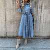 Women'S 2022 Denim Maxi Dress Turn-down Collar Belt Pure Color Button Summer Slim Pleated Long Sleeve Dresses Female