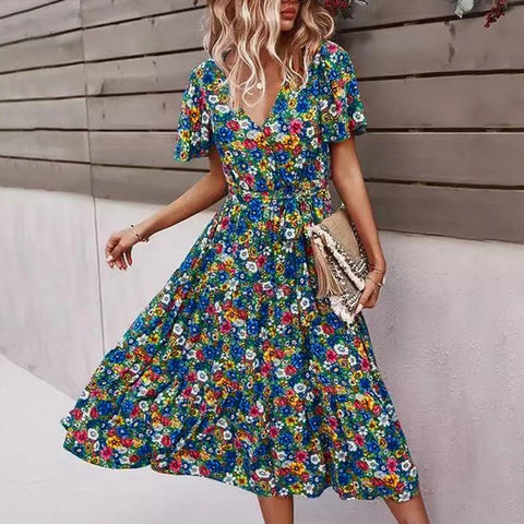 Women'S Floral V-Neck Midi Dress Casual Loose Print Flower Boho Short Sleeve V-Neck Streetwear Summer Dresses Female 2022