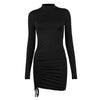 Women'S Solid Color High Neck Sexy Lace-Up Mini Dress Spring Autumn Long-Sleeved Pleated Elegant Ruched Dresses Party Robe